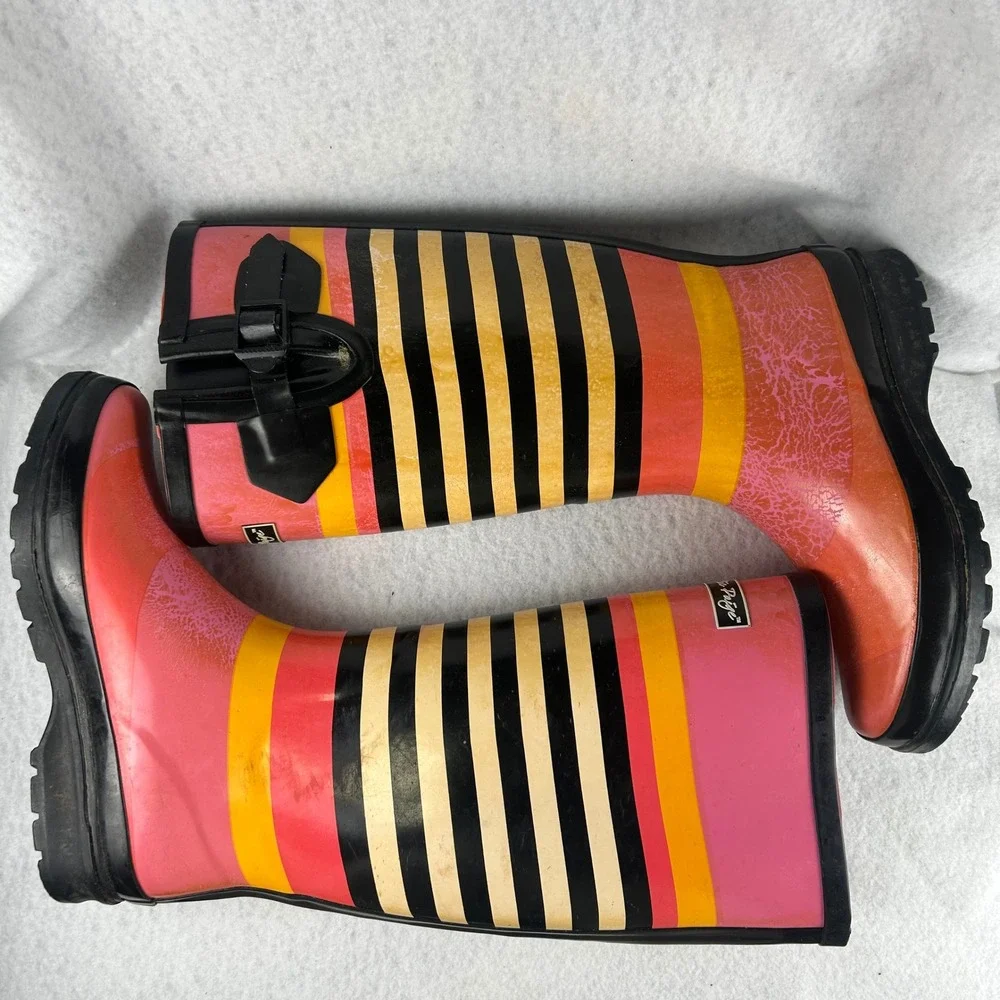 Charlie Paige Rain Boots Womens 7 Pink Orange Striped Tall Rubber Waterproof